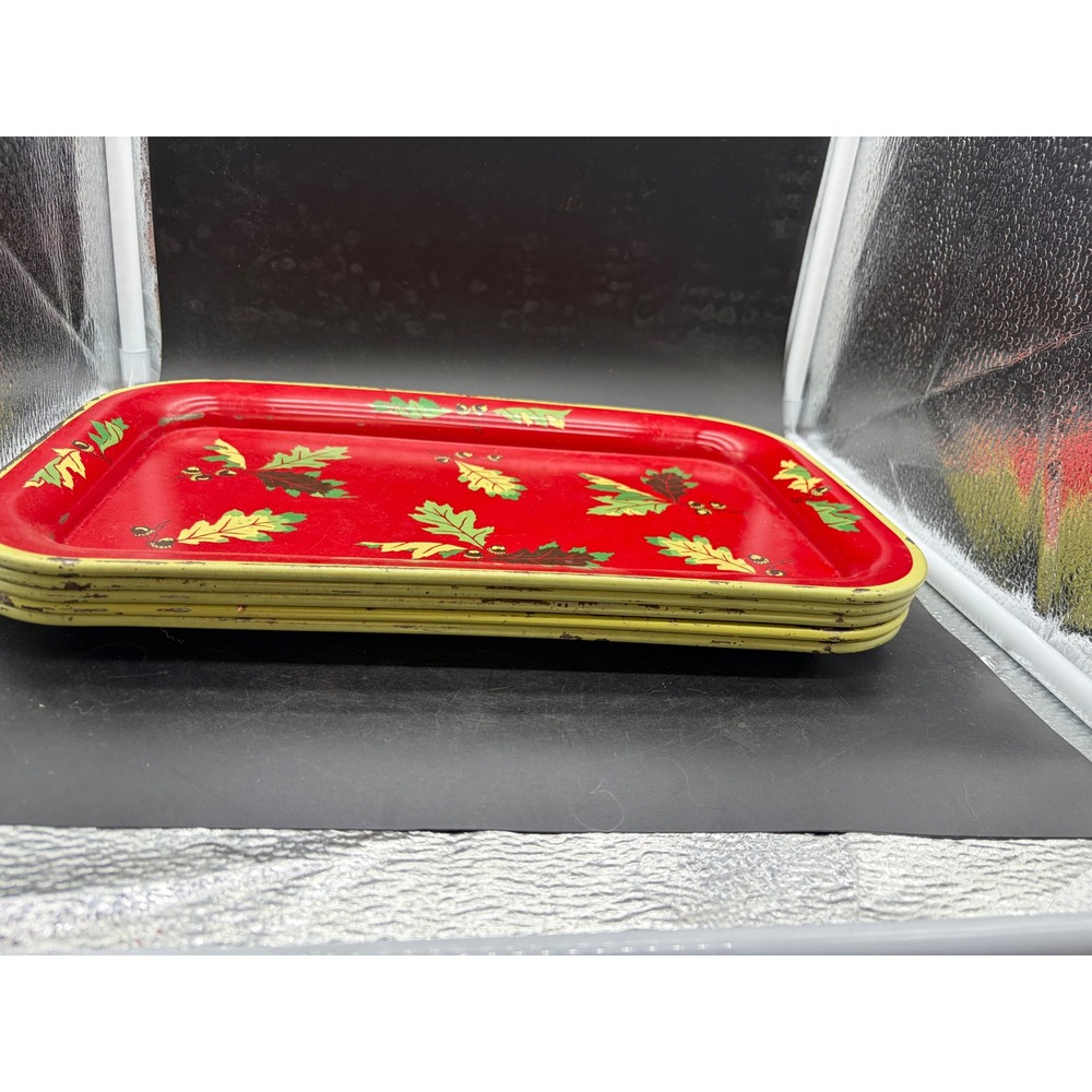 Vintage Christmas Metal Serving Trays Red Oak Leaf Acorn Tin Set of 5 Holiday